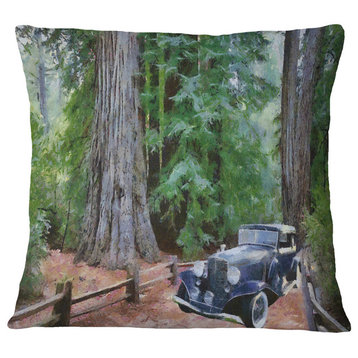 Vintage Car in Forest Landscape Painting Throw Pillow, 18"x18"
