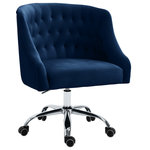 Meridian Furniture - Arden Swivel and Adjustable Velvet Upholstered Office Chair, Navy, Chrome Base - Stay cozy and comfortable at work while expressing your definitive modish tastes with this Arden Velvet Office Chair. This sumptuously appointed chair features soft navy velvet upholstery with svelte button tufting and a rich chrome base, ensuring that it garners more than its fair share of oohs and aahs, no matter who's admiring it. This contemporary office chair swivels to allow for expanded functionality, and it's adjustable, so you can customize the chair's position to meet your sitting preferences.