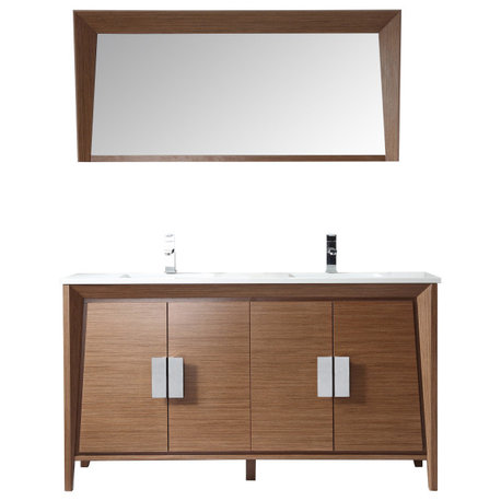 60" Larvotto Wheat Color Double Sink Bath Vanity, With Matching Mirror