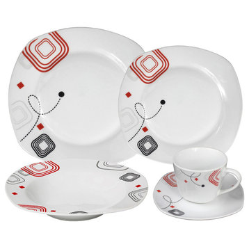 Porcelain 20 Piece Square Dinnerware Set Service for 4, Geometrical Design