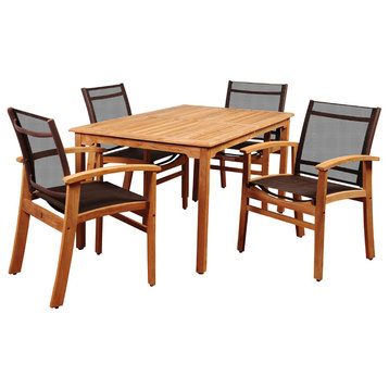 Amazonia New Pacific 5-Piece Teak Rectangular Dining Set With Brown Sling Chair