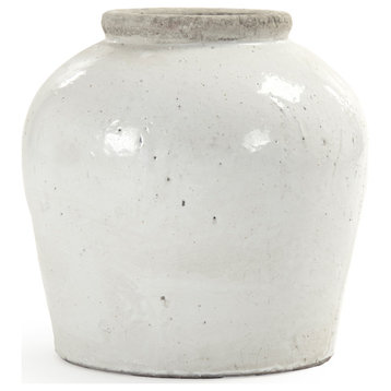 Distressed Terracotta Vase, Glazed, Off-white, Large