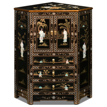 Black Lacquer Mother of Pearl Oriental Corner Cabinet