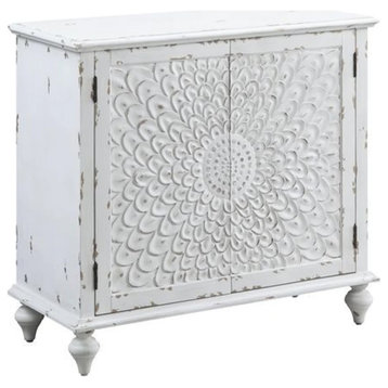 Benzara BM273243 Console Buffet Cabinet, Carved Floral Pattern, Antique White