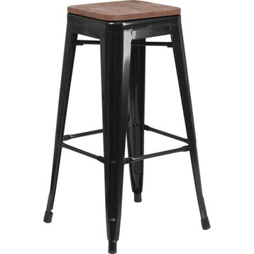 30" Backless Metal Barstool With Square Wood Seat, Black