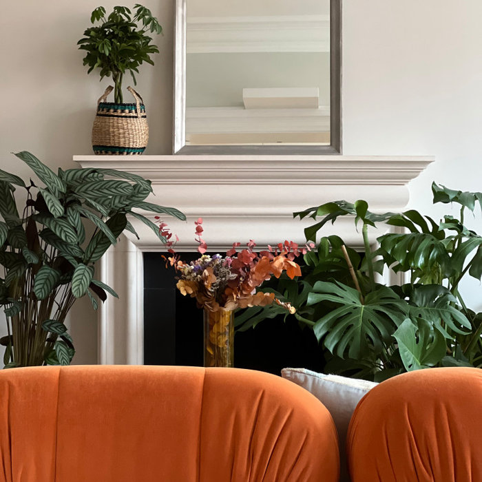 Colourful sofa and plants, balanced with neutral wall. Original fireplace