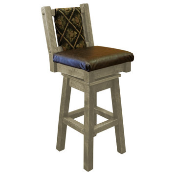 Barnwood Style Timber Peg Swivel Upholstered Barstool, Frost, Black Pine Cone and Quarter Espresso, Counter Height