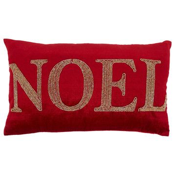 Beaded Pillow Cover With Noel Design, 12"x20", Red