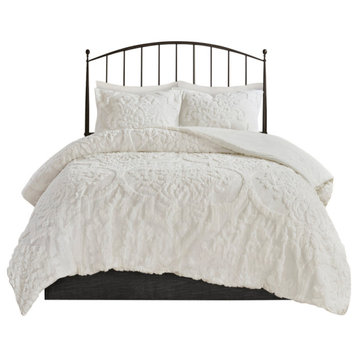 Madison Park Viola Tufted Chenille Damask Comforter/Duvet Cover Mini Set, White