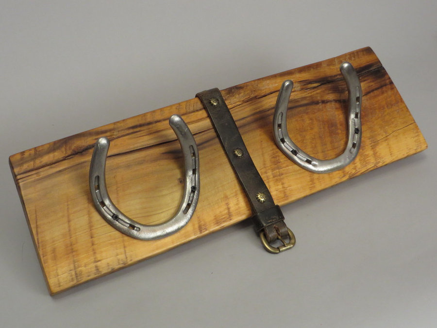 #R15058 Coat Rack Reclaimed Poplar, horseshoes, leather.