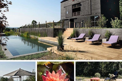 Pool - farmhouse backyard rectangular natural pool idea in New York with decking