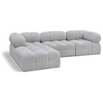Meridian Furniture - Ames Boucle Fabric L-Shaped Modular Sectional, Grey, 4-Piece: 1 Armless Chair, 2 Corner Chair, 1 Ottoman - Introduce a touch of modern sophistication to your living area with the exquisite Ames Boucle Fabric Sectional. With plush grey boucle fabric and unique design, it will elevate the visual appeal of your living space. This elegant and captivating sectional can be mixed and matched with other pieces from the collection to create an endless array of stunning looks. So, get ready to transform your living area into an inviting and stylish haven with the Ames Boucle Fabric Sectional.