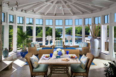 Sunroom - mid-sized modern travertine floor sunroom idea in Boston with a standard ceiling