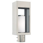Livex Lighting - Livex Lighting Brushed Nickel 1-Light Outdoor Post Top Lantern - The box-like solid brass body of this outdoor post top lantern has a thick frame that houses a satin opal white cylinder glass shade. The brushed nickel finish give the thick, sturdy frame construction a contemporary look with distinct style.