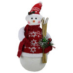 Northlight Seasonal - 20" Alpine Sparkling Snowman with Nordic Santa Hat and Skiis Decoration - From the Alpine Chic Collection | This cute snowman is fully prepared for the Christmas season to begin | Features stylish red snowflake pattern vest with soft arms that finish with red mittens over the hands | Snowman carries pair of skiis to take a trip through the winter wonderland | Frosted pine sprigs | pine cones | and berries accent the hat and are held in one of the arms | Flexible wire in hat and arm allows for it to be positioned to your liking | For indoor use only | Dimensions: 20"H x 10"W x 9"D | Material(s): foam/fabric/faux fur/polyfil/wire