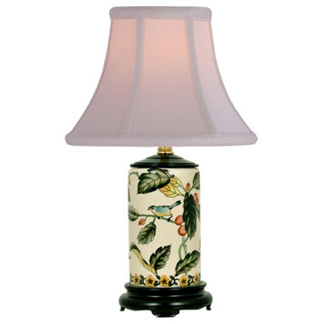 Floral Bird Motif Porcelain Vase Table Lamp 15"