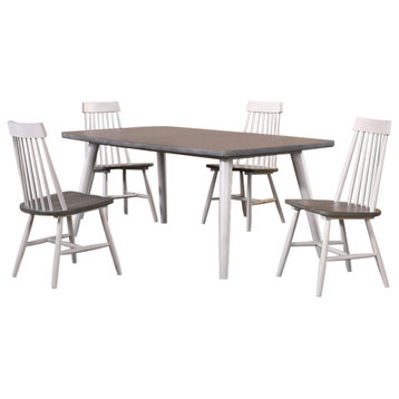5 Piece Farmhouse Dining Set, White and Gray Wood, Table and 4-Windsor Chairs