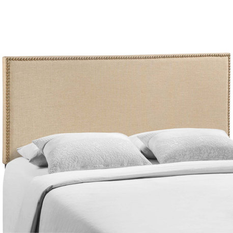 Region Queen Nailhead Upholstered Fabric Headboard, Cafe