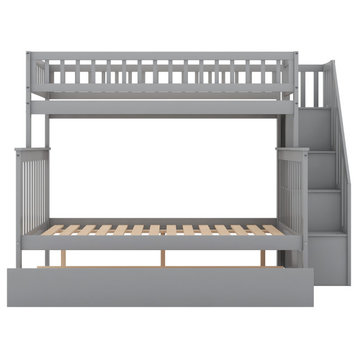 TATEUS Twin over Full Bunk Bed with Trundle and Staircase,White\Gray, Gray