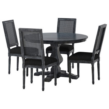 Merlene French Country Upholstered Wood and Cane 5-Piece Circular Dining Set, Gray/Black