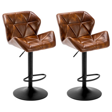 Set of 2 Pointed Armrests Faux Leather Bar Stools, Yellowish-Brown