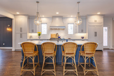 Example of a large transitional galley open concept kitchen design in DC Metro with an island