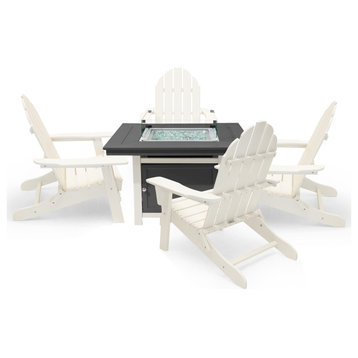 Park City 42" Square Fire Pit Table, Balboa Folding Chairs, Gray Top, White Chairs