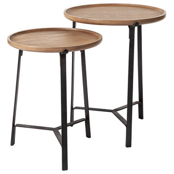 Helious III 20L x 24H Set of Two Round Brown Wood Iron Base Nesting Side Tables