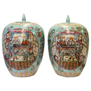 Pair Chinese Turquoise Porcelain People Scenery Graphic Point Lid Jars Hws3015
