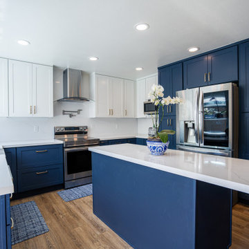 Modern Navy Blue Kitchen with White Quartz Island | The Cabination