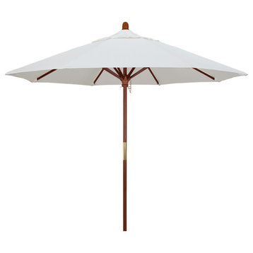9' Wood Market Umbrella Pulley Open Marenti Wood, Sunbrella, Natural