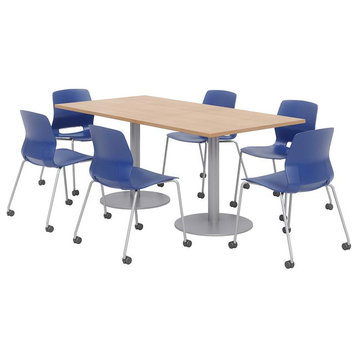 36 x 72" Table - 6 Lola Navy Caster Chairs - Maple Top - Silver Base