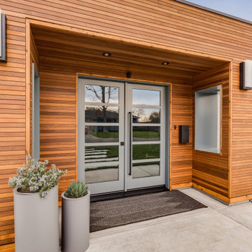 Western Red Cedar Built Out Exterior Entry with Grey Double 5-Lite Doors