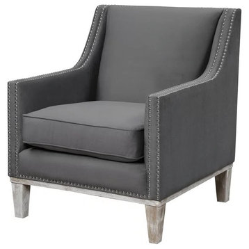Transitional Accent Chair, Distressed Legs and Sloped Arms With Nailhead, Charcoal