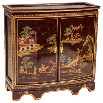 Traditional Oriental Sideboard, 2 Doors Cabinet With Hand Painted Landscape, Red
