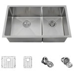 MR Direct - 3160 Double Bowl 3/4" Stainless Steel Sink, 18-Gauge, Wide Left, Ensemble - This functional and attractive, undermount, stainless steel sink is comprised of two unequal-sized basins. Both have the same length front to back and the same depth, but vary in width. The wide basin is on the left and the narrow one is on the right. The three-quarter inch radius corners of the 3160L-16 provide maximum interior space. This model is 304-grade, cold rolled steel with a heavy-duty, 16-gauge thickness. The surface is given a brushed-satin finish which adds to its luster and masks minor scratches which could occur over time. Dense, sound-dampening pads and an insulation coating are applied to the underside. With an overall measurement of 31 1/8" x 18" x 9 5/8", it will require a minimum-width cabinet of 33". It is cUPC certified. Our high-quality stainless steel grids are custom-made to fit each basin. They help protect the surface from scratches and dents, and prevent water from contaminating food. Their removable rubber feet raise them slightly above the bottom of the sink. Included is one standard strainer - a solid traditional choice with a shallow removable receptacle; and one basket strainer - a deep, perforated, handled, metal basket designed to hold considerably more waste.