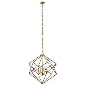 Modern Chandelier, Minimalist Design With Golden Geometric Frame and 4 Lights