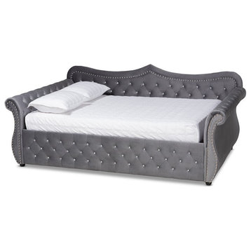 Bowery Hill Traditional Velvet Crystal Tufted Queen Size Daybed in Gray