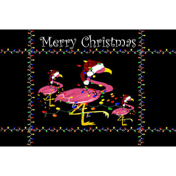 Christmas Santa Flamingos With Lights Black Indoor Outdoor Floor Mats, 48x7