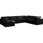Meridian Furniture - Plush Velvet / Down Standard Comfort 7-Piece U-Shaped Modular Sectional, Black - No matter how big or little the size of your gang, they can all find their sweet spot when you choose pieces from the Plush collection to build your ideal seating group. Choose this seven-piece set or pair multiple pieces together to get the custom look everyone will love. The soft black velvet material is soft and welcoming to the touch, and the set's cushions are overstuffed with a down and feather blend to provide ample support for tired bodies.