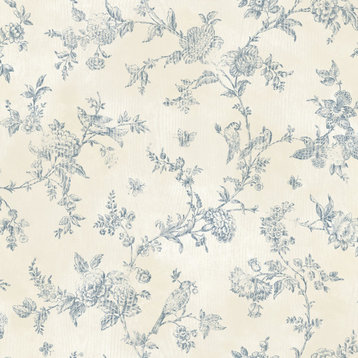 French Nightingale Blueberry Toile Wallpaper, Bolt