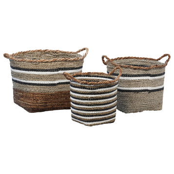 Ayanna Natural Hand Woven Banana Stalk and Sea Grass Tri-Tone Baskets, Set of 3