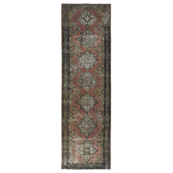 Mocha Brown Hand Knotted Vintage Persian Tabriz Worn Wool Runner Rug, 3'9"x12'8"