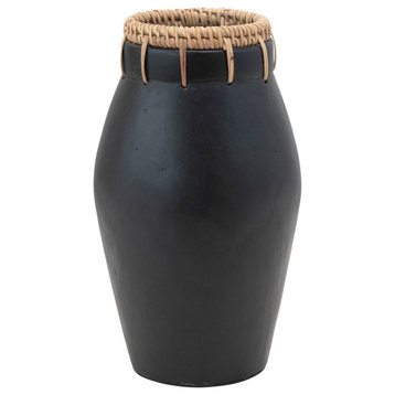 Handmade Terra-cotta Vase With Rattan Stitching, 6x10.5"