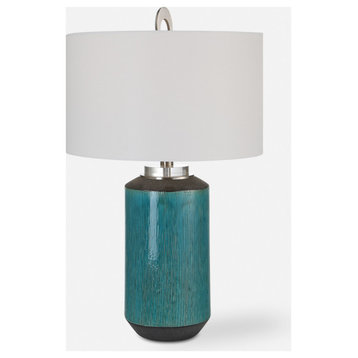 Rustic Contemporary High Gloss Aqua Blue Bronze Table Lamp 29 in Coastal Ceramic