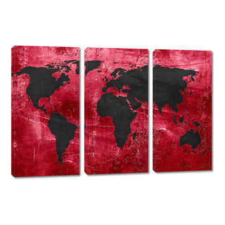 Red and Black World Map Canvas Print, 3 Panel Split, Triptych Wall Art ...