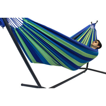 Brazilian Double Hammock with Universal Stand, Blue & Green Stripes