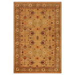Bareens Designer Rugs - Antique Lavastone Low-Pile Dennise Gold/Olive Green Wool Rug - 9'6'' x 12'11'' - An exhilarating oriental rug with distinctive motifs and wide-ranging pallet of warm colors, this antique vintage distressed low pile hand knotted masterpiece is a breath-taking addition to any decor. Featuring a soft low pile, showcasing the intricate design with an awe-inspiring color palette this masterpiece is known for its versatility, all vegetable dyes, and high knot count. Known for its artistic individuality, masterful construction, and enduring appeal this one-of-a-kind rug is an excellent addition to any d�cor.