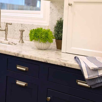 White Upper and Dark Blue Lower Cabinets in a Fantastic Kitchen