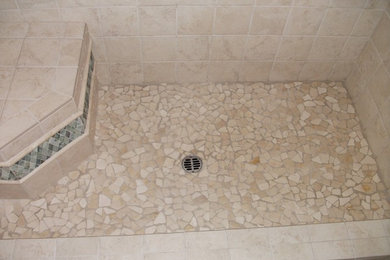 Mid-sized elegant 3/4 porcelain tile porcelain tile and beige floor bathroom photo in San Diego with flat-panel cabinets, white cabinets and beige walls